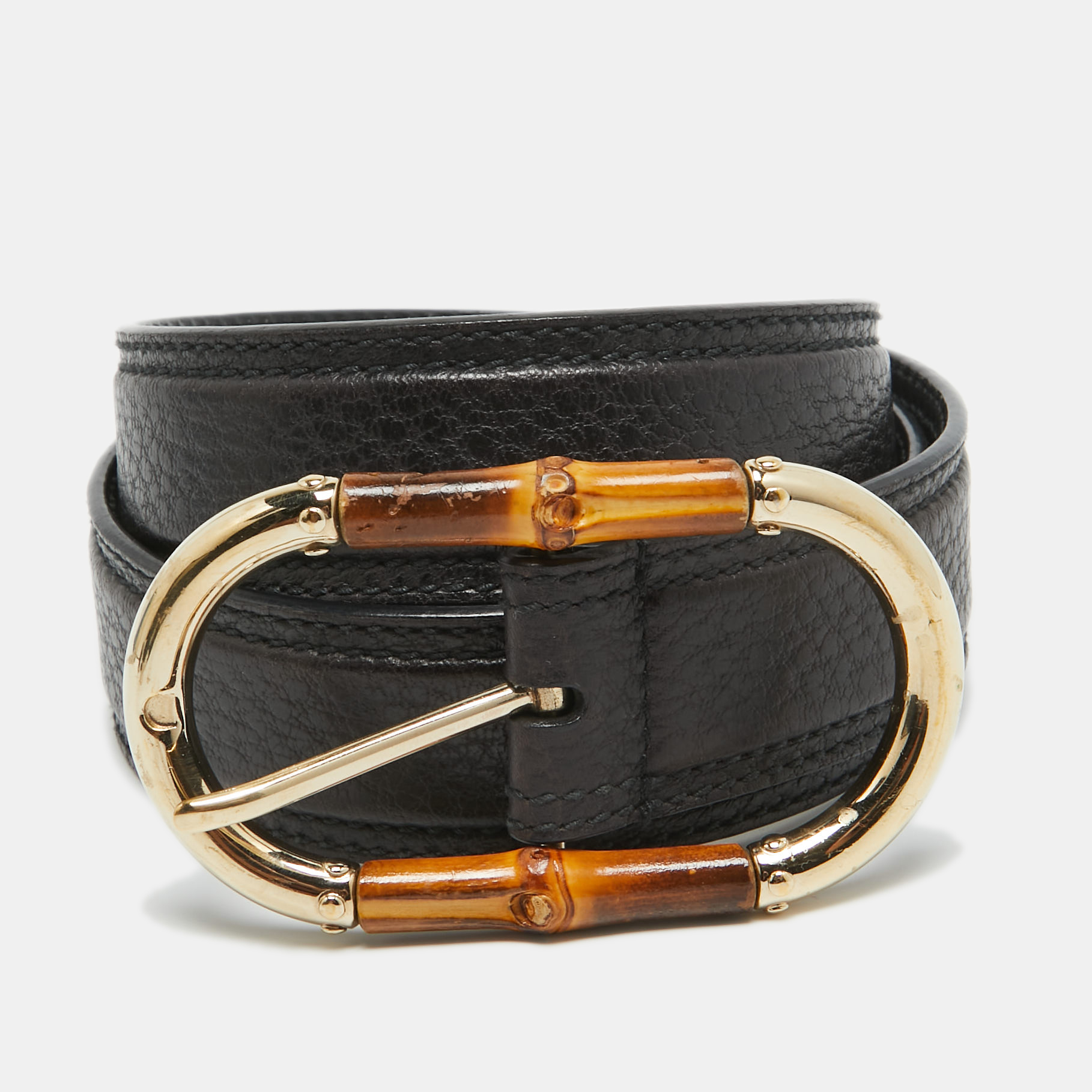 Gucci black leather bamboo buckle belt 95cm