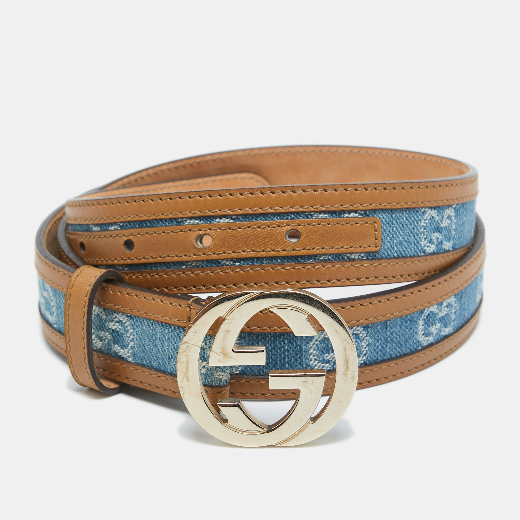Gucci blue gg denim and leather trim interlocking g buckle belt 90cm
