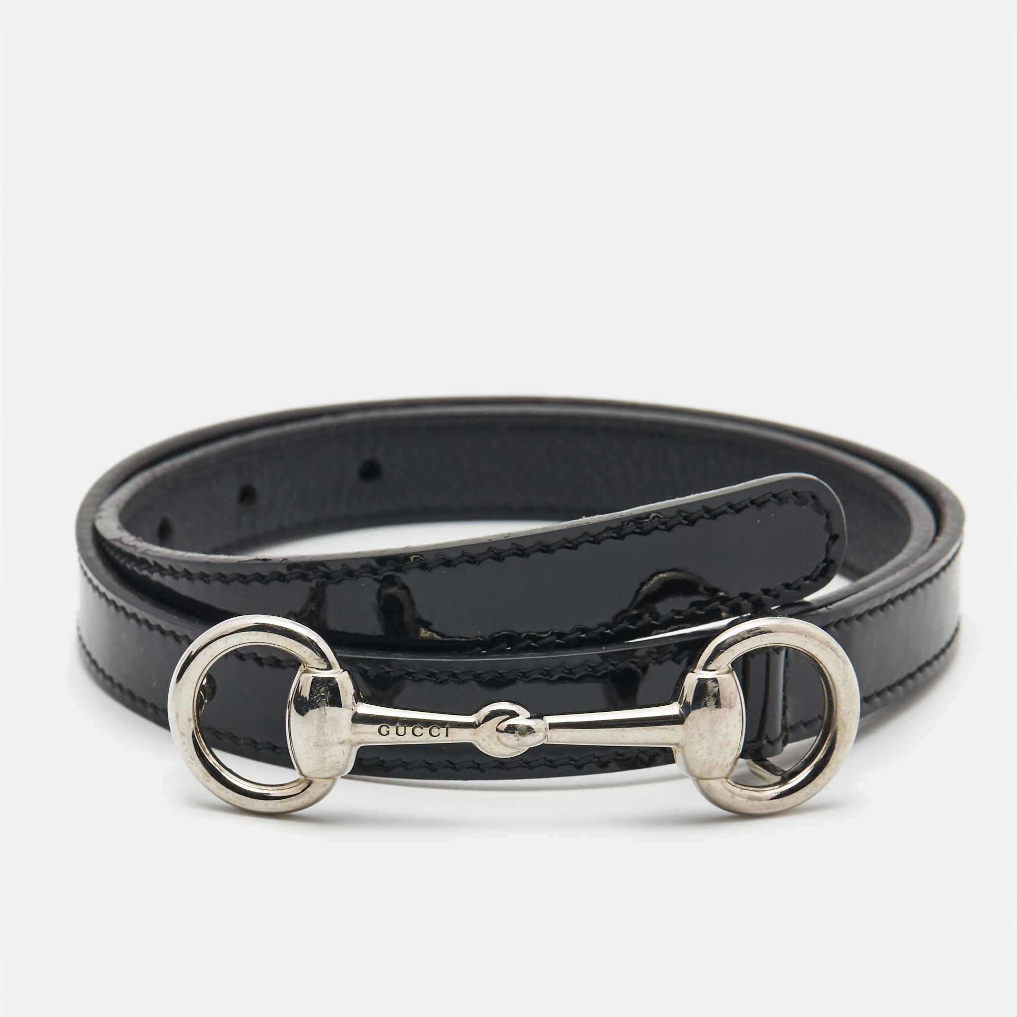 Gucci black patent leather horsebit slim belt m