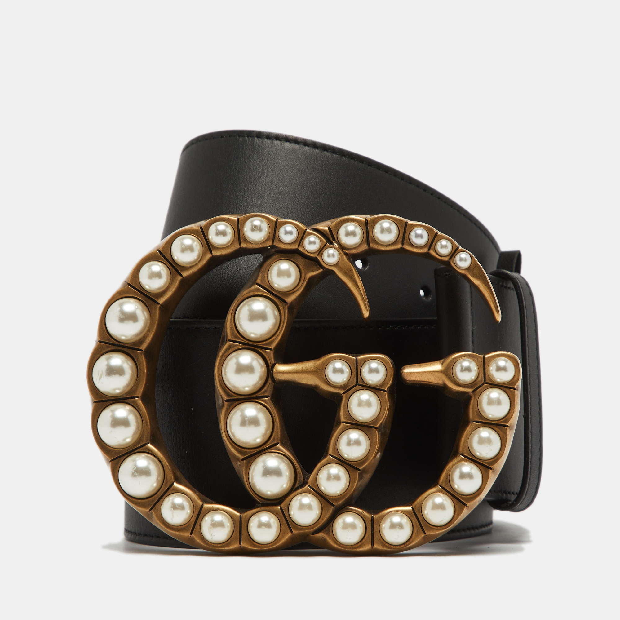 Gucci black leather gg pearl embellished waist wide belt 85cm