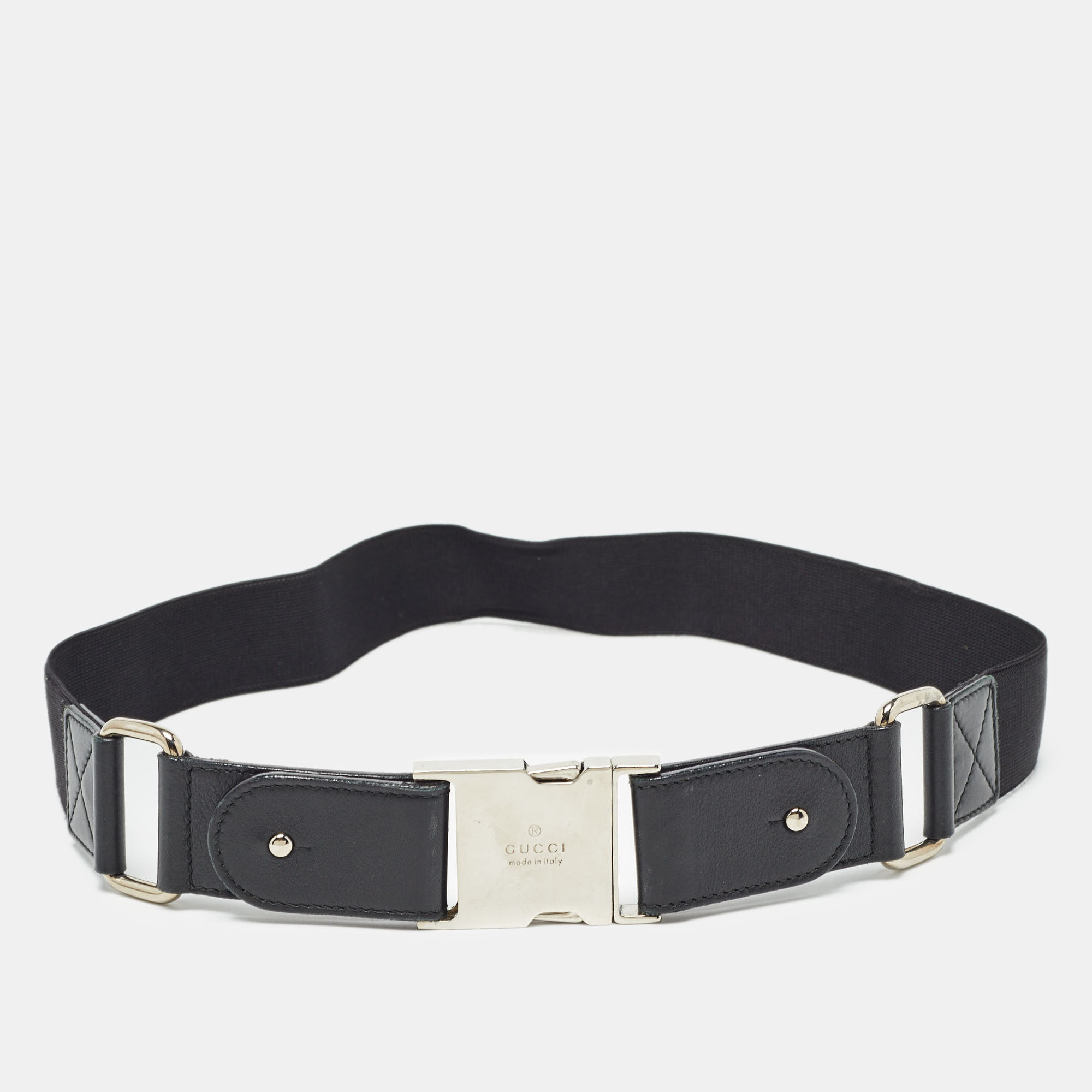 Gucci black elastic band and leather logo belt 80cm