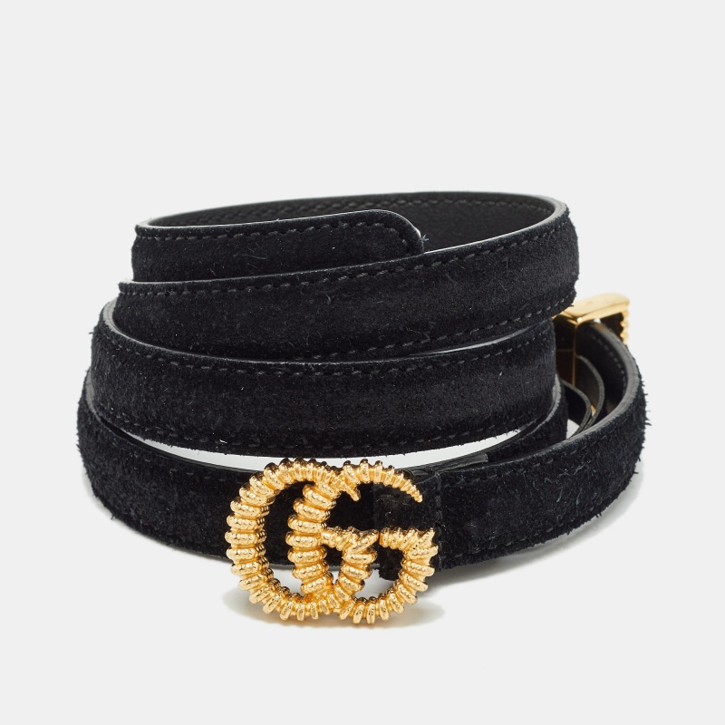 Gucci black suede gg marmont torchon slim belt 85cm