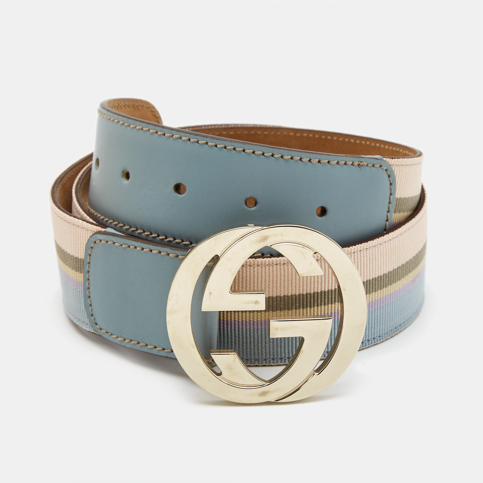 Gucci multicolor stripe canvas and leather interlocking g buckle belt 85cm