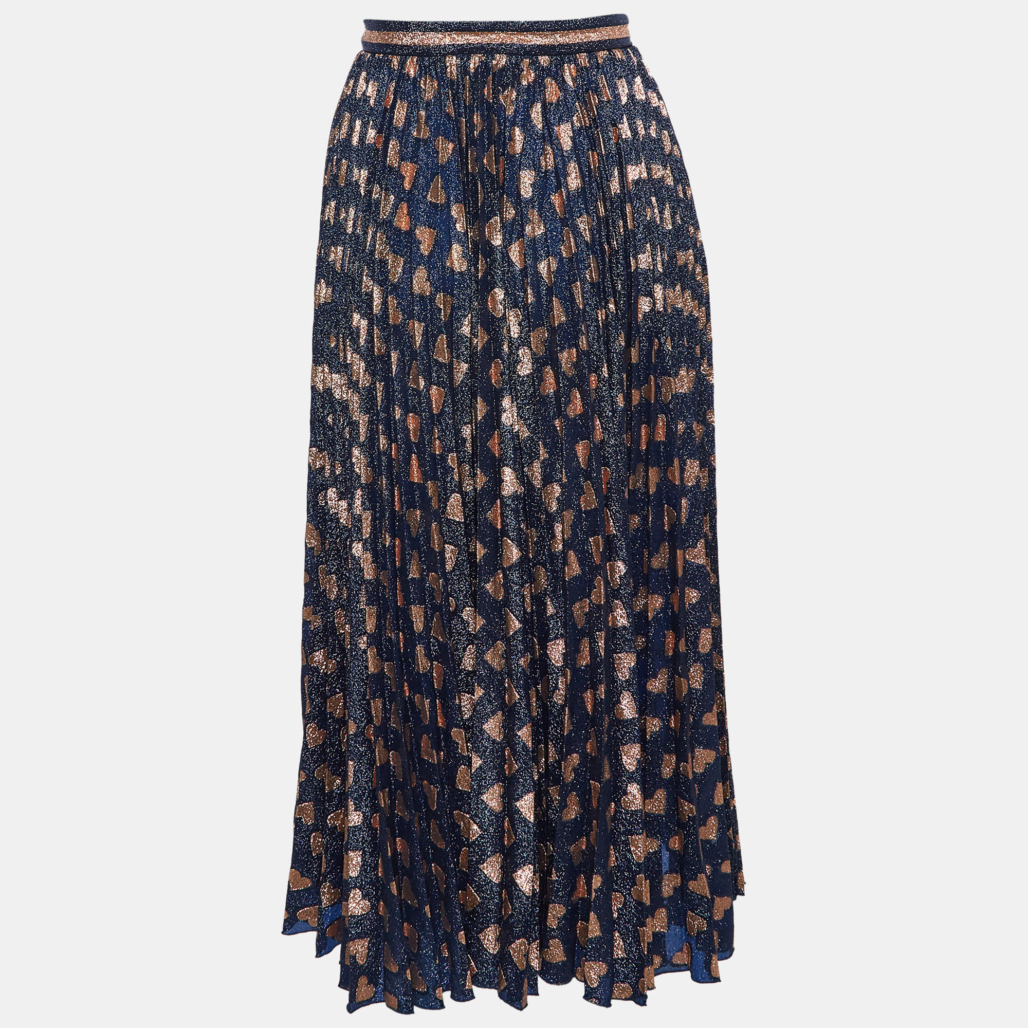 Gucci Navy Blue Heart Pattern Lamé Plisse Midi Skirt S