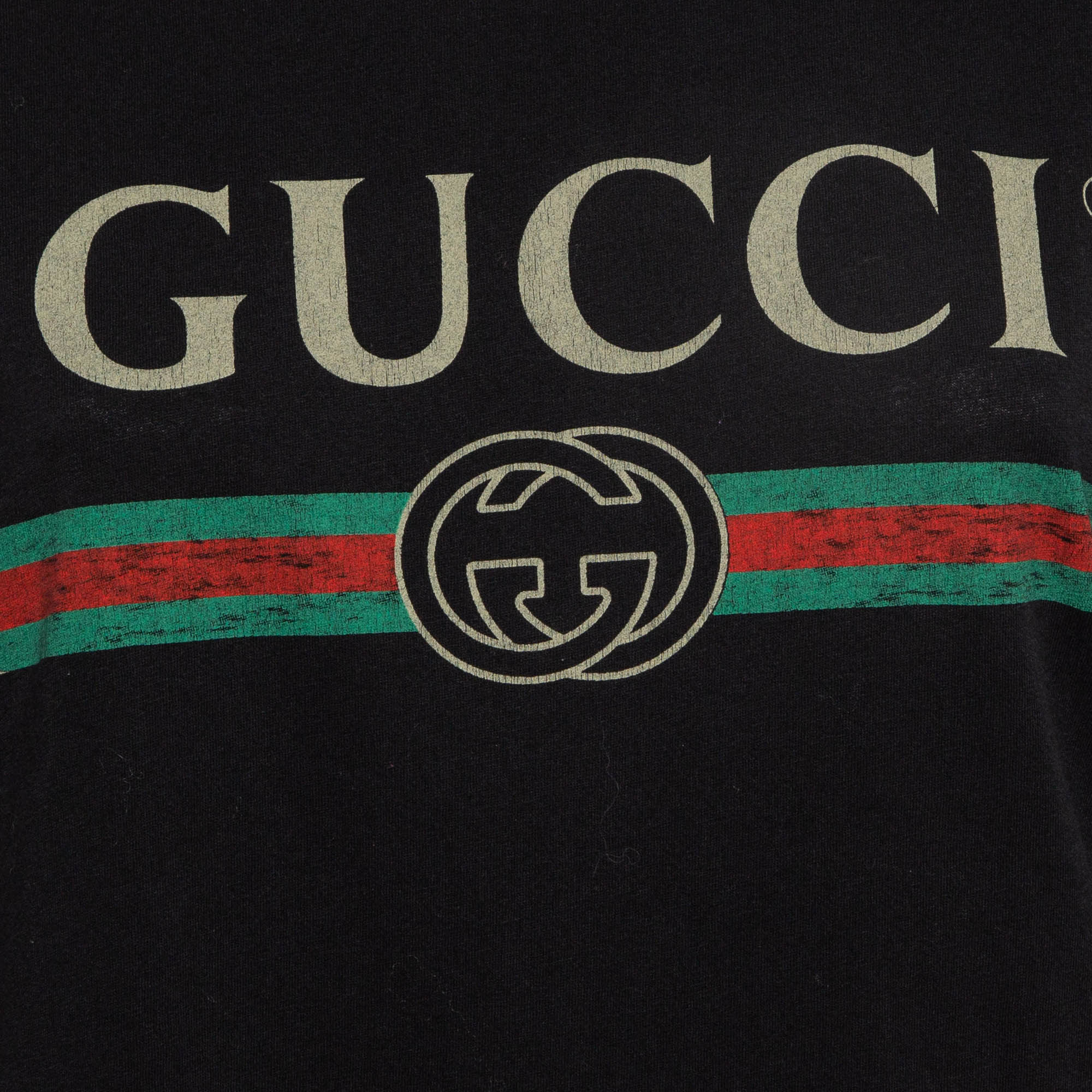 Gucci Black Logo Print Distressed Cotton T-Shirt M