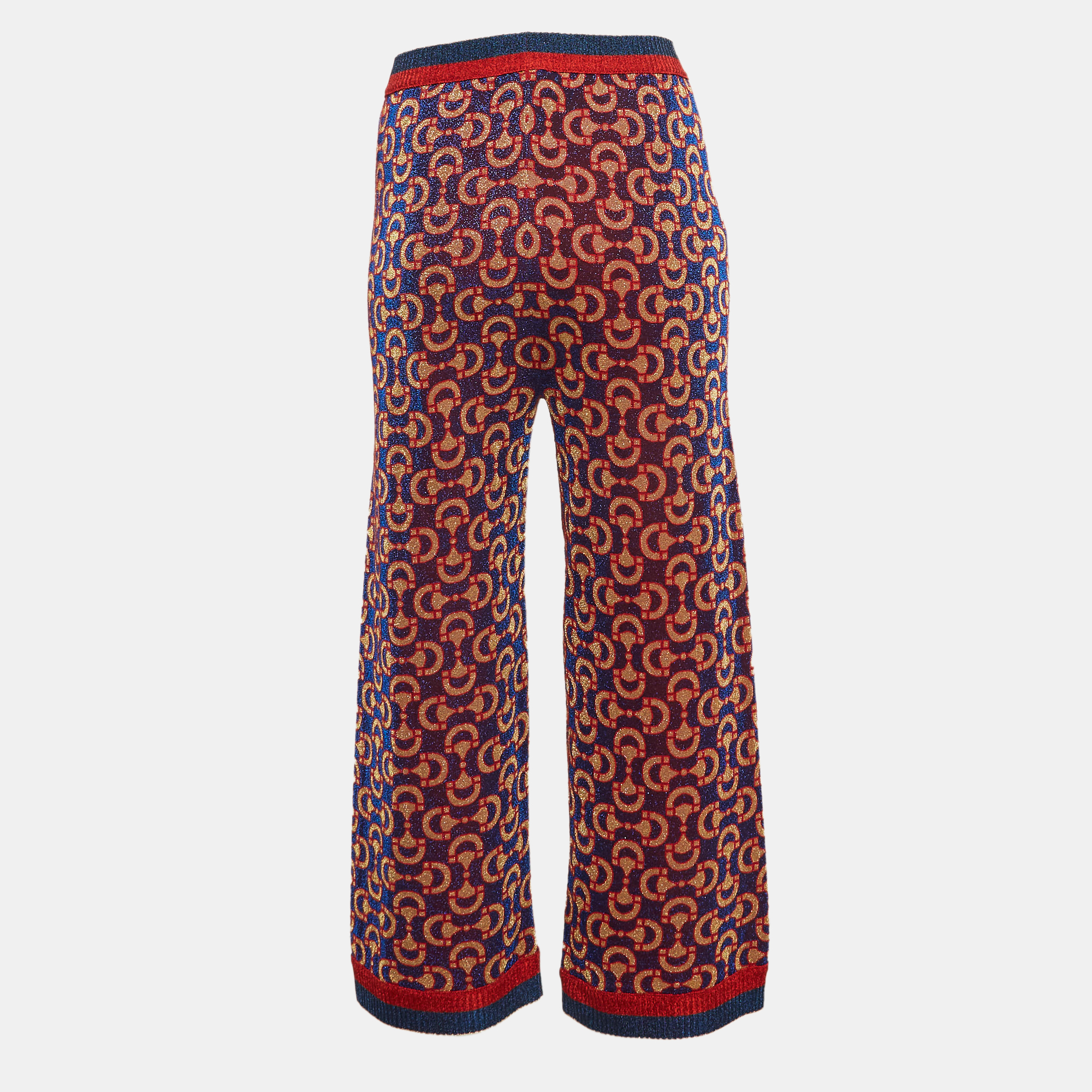 Gucci Blue/ Red Horsebit Pattern Lame Knit Crop Trousers M