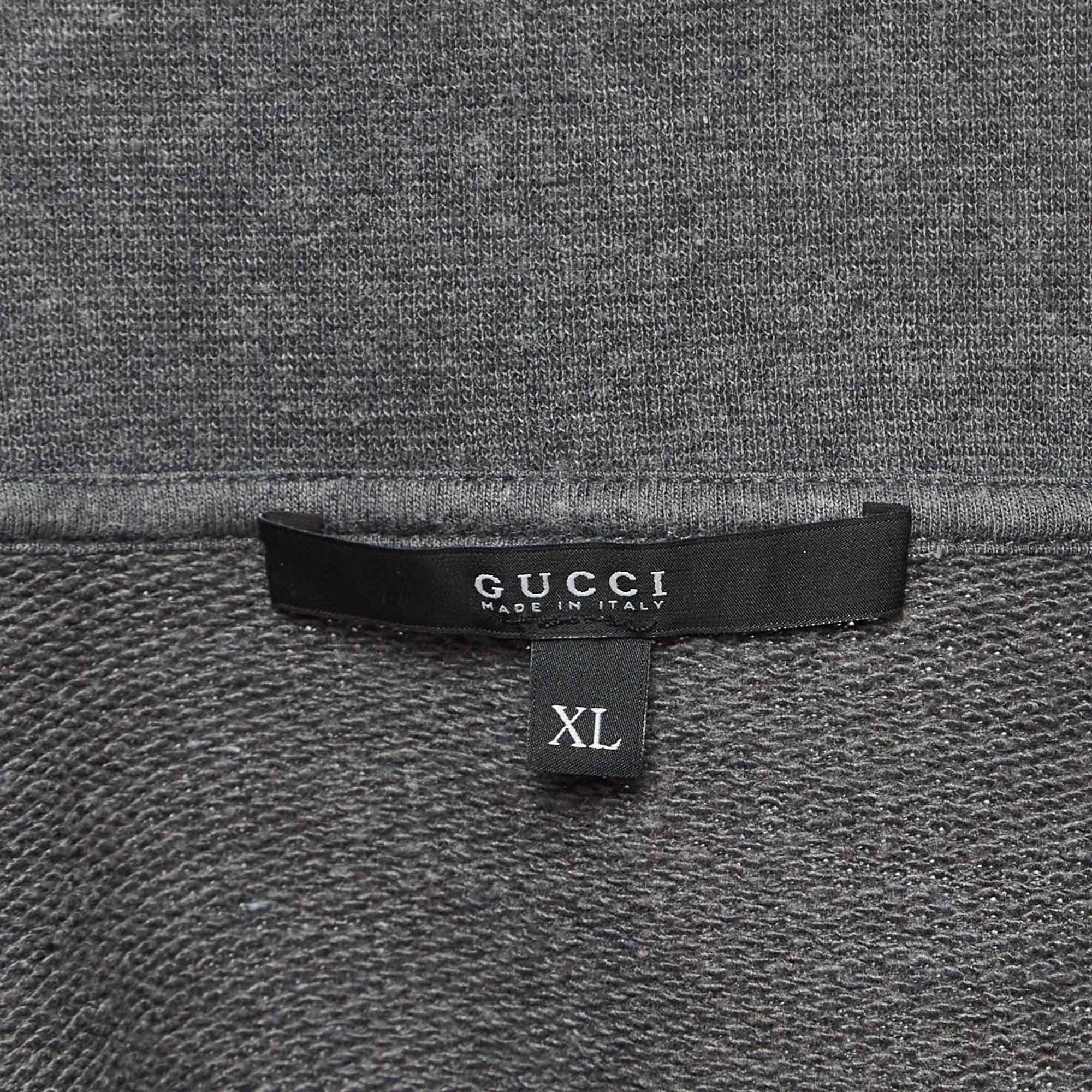 Gucci Grey Web Trim Cotton Knit Zip Front Hoodie XL