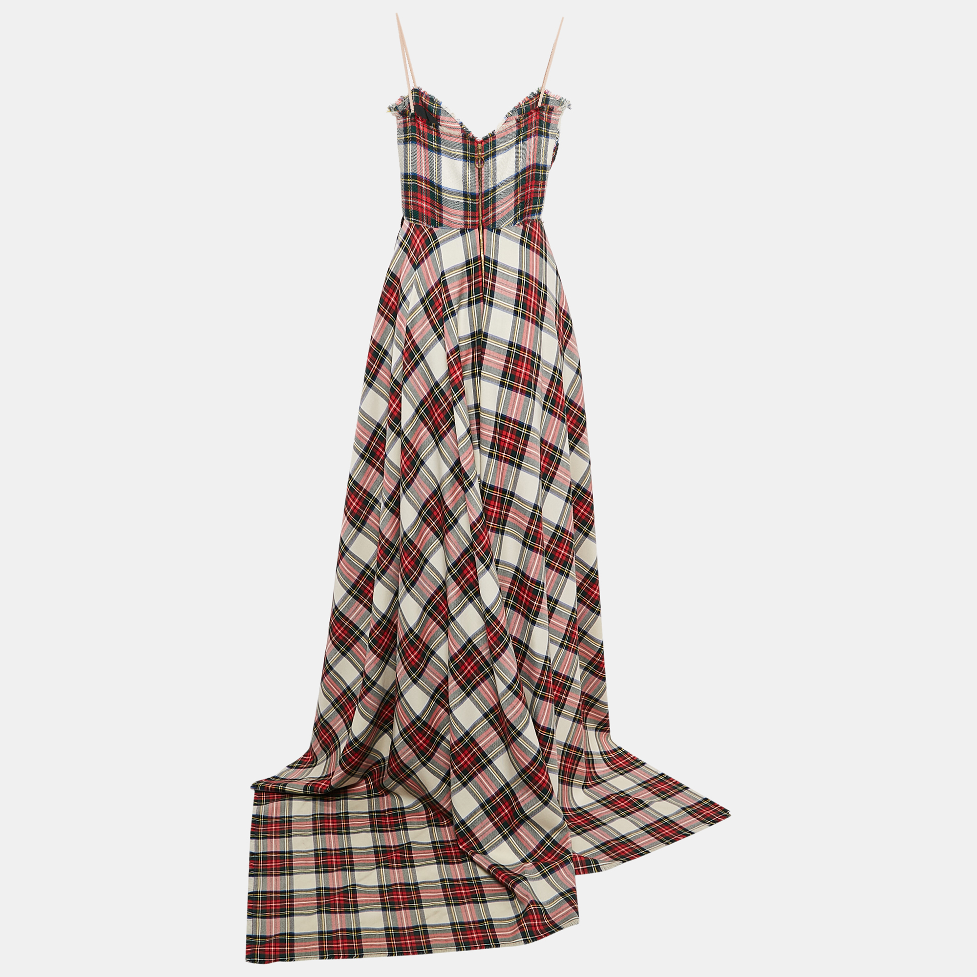 Gucci Multicolor Tartan Pattern Embellished Wool Asymmetric Gown M