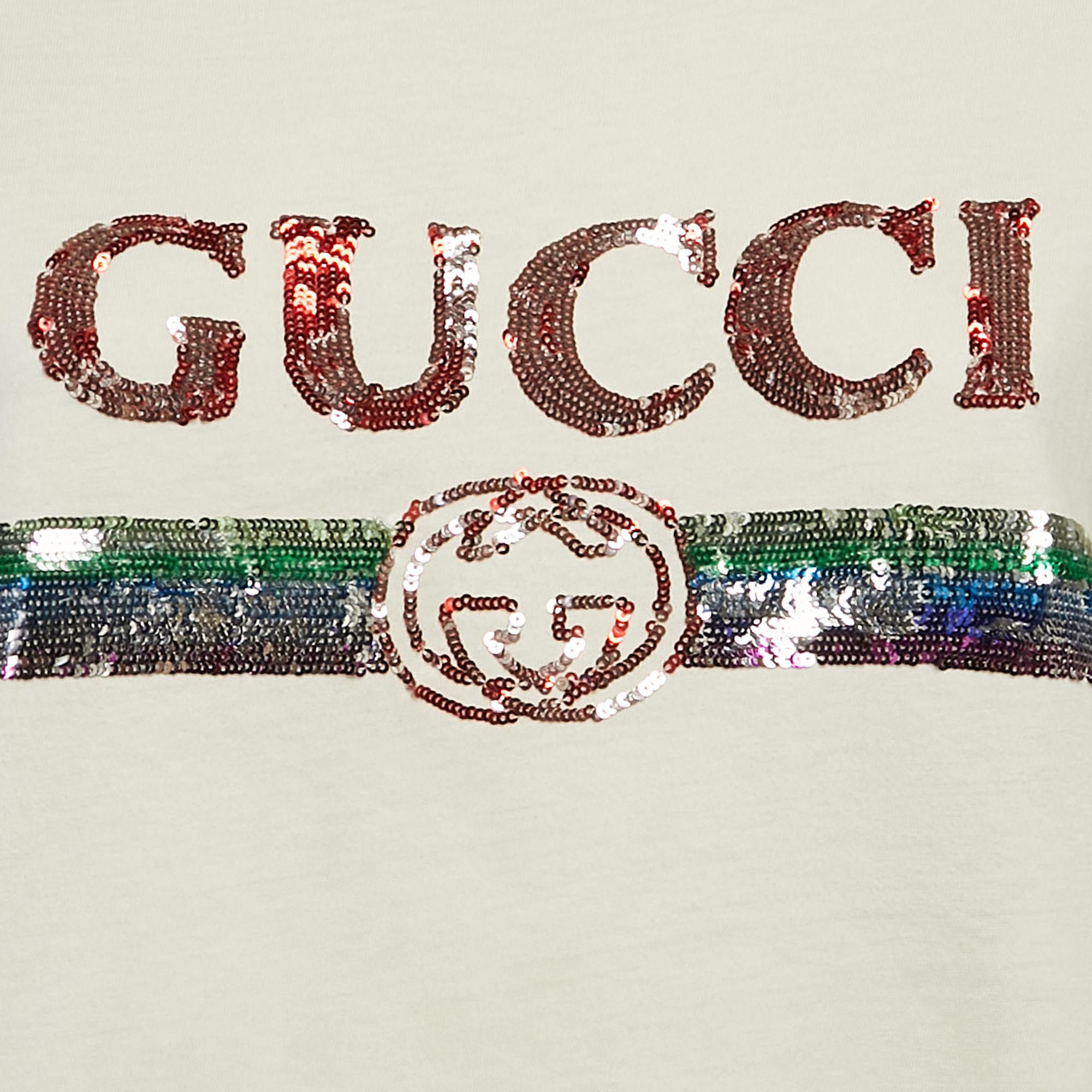 Gucci Cream Logo Sequin Embellished Round Neck Oversize T-Shirt S