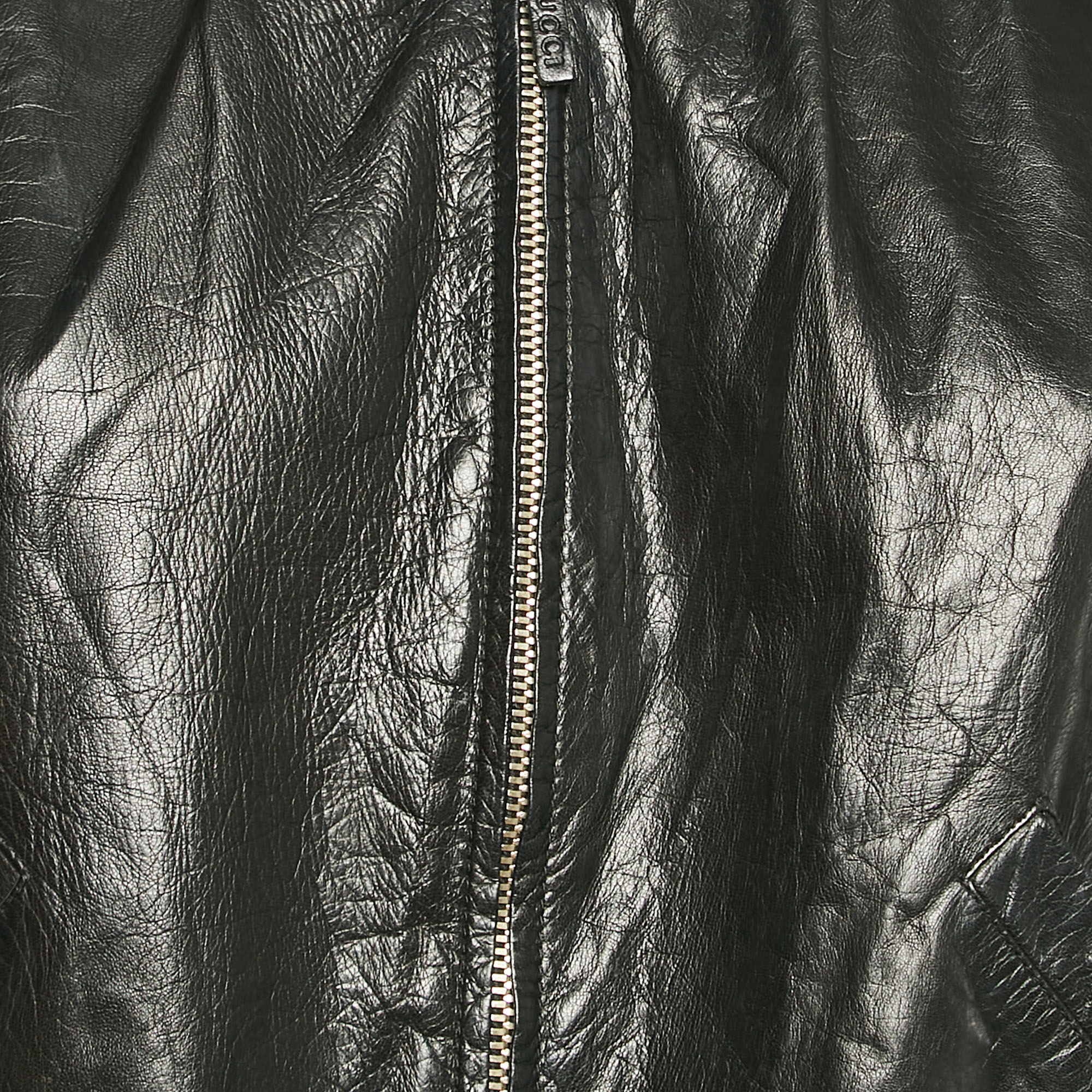 Gucci Black Genuine Leather Zip-Up Jacket S