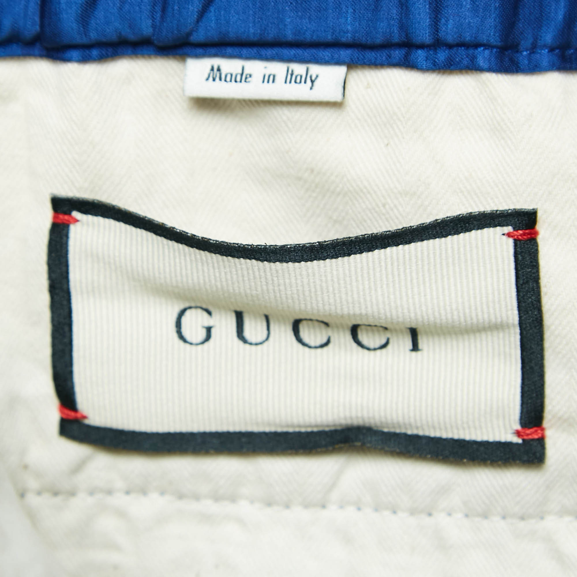 Gucci Blue Embroidered Linen Blend Satin Trackpants L