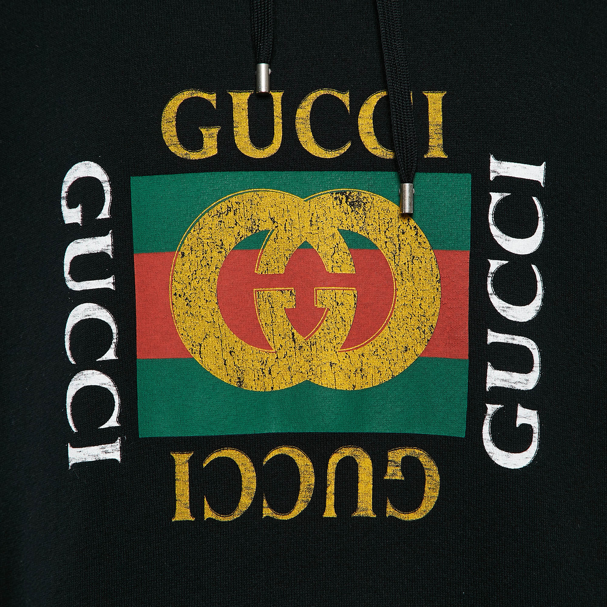 Gucci Black Vintage Print Cotton Knit Distressed Hoodie XXL