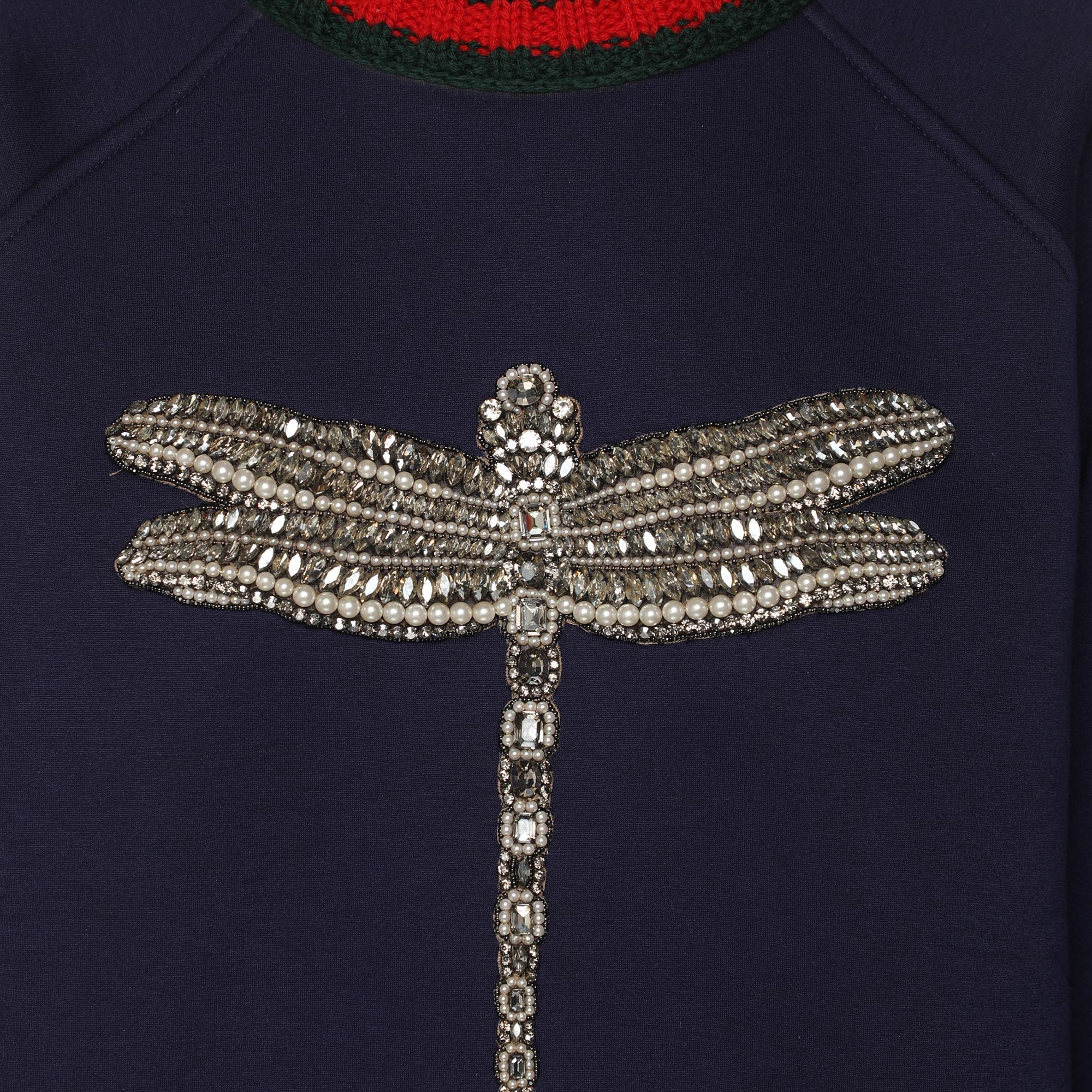 Gucci Navy Blue Knit Crystal Embroidered Dragonfly Patch Sweater M