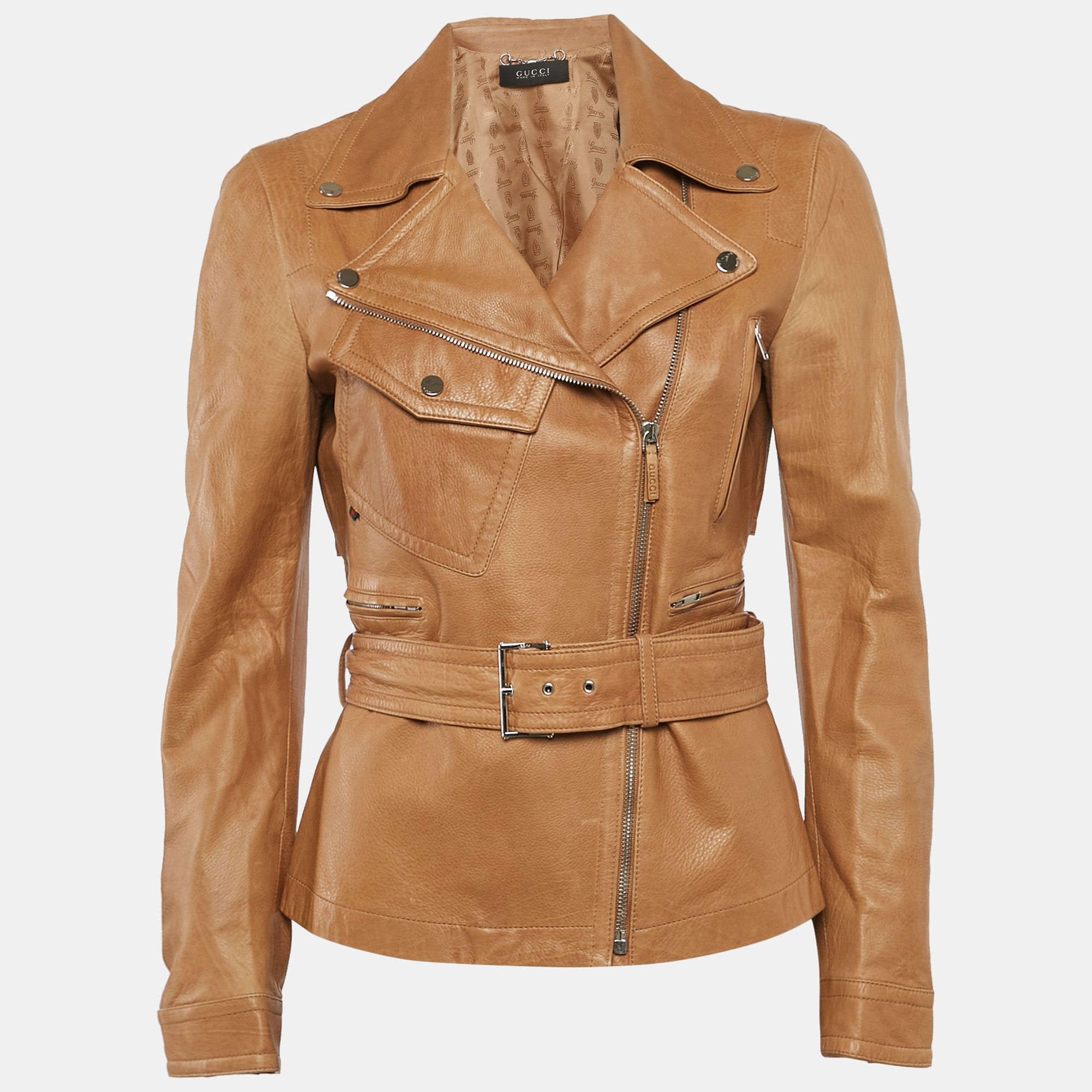 Gucci Brown Leather Zip-Up Biker Jacket M