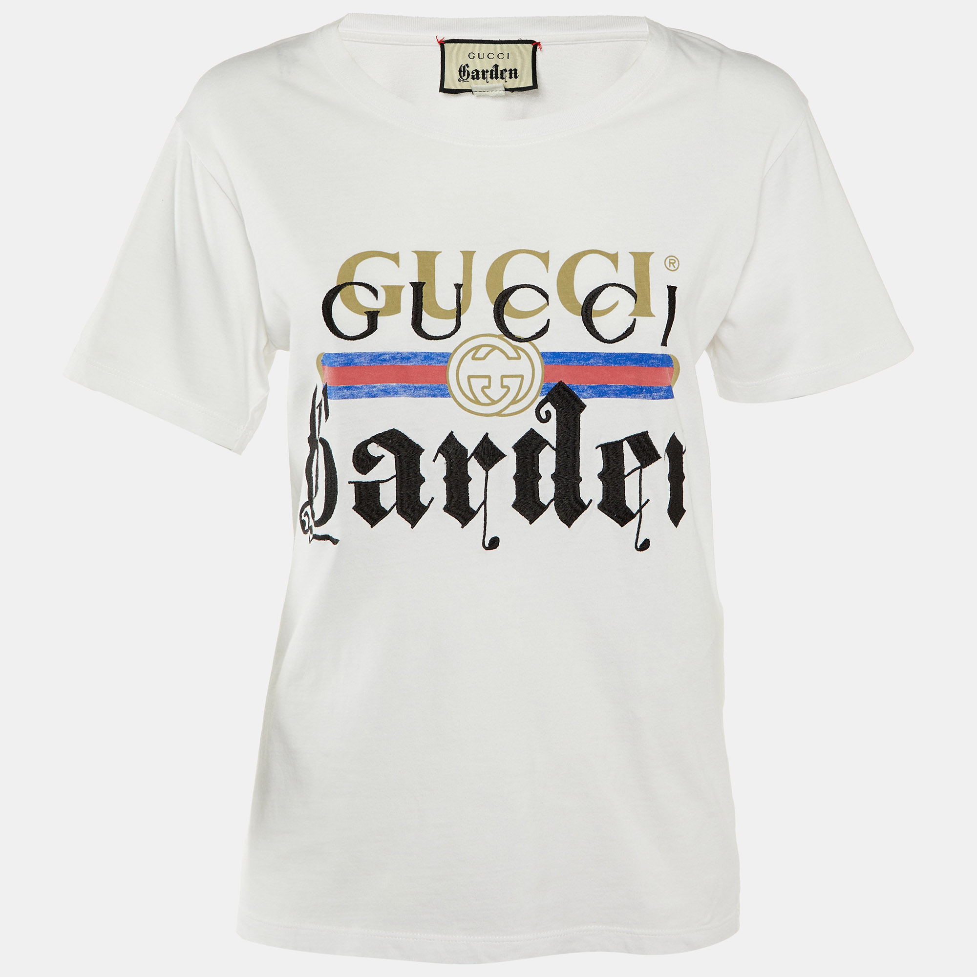 Gucci White Gucci Garden Embroidered Cotton Crew Neck T-Shirt XS