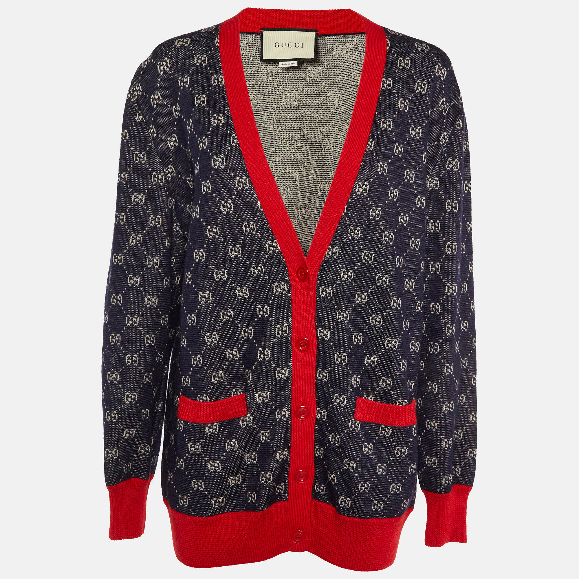 Gucci Navy Blue GG Jacquard Wool & Alpaca Button Front Cardigan L
Gucci Navy Blue GG Jacquard Wool & Alpaca Button Front Cardigan L