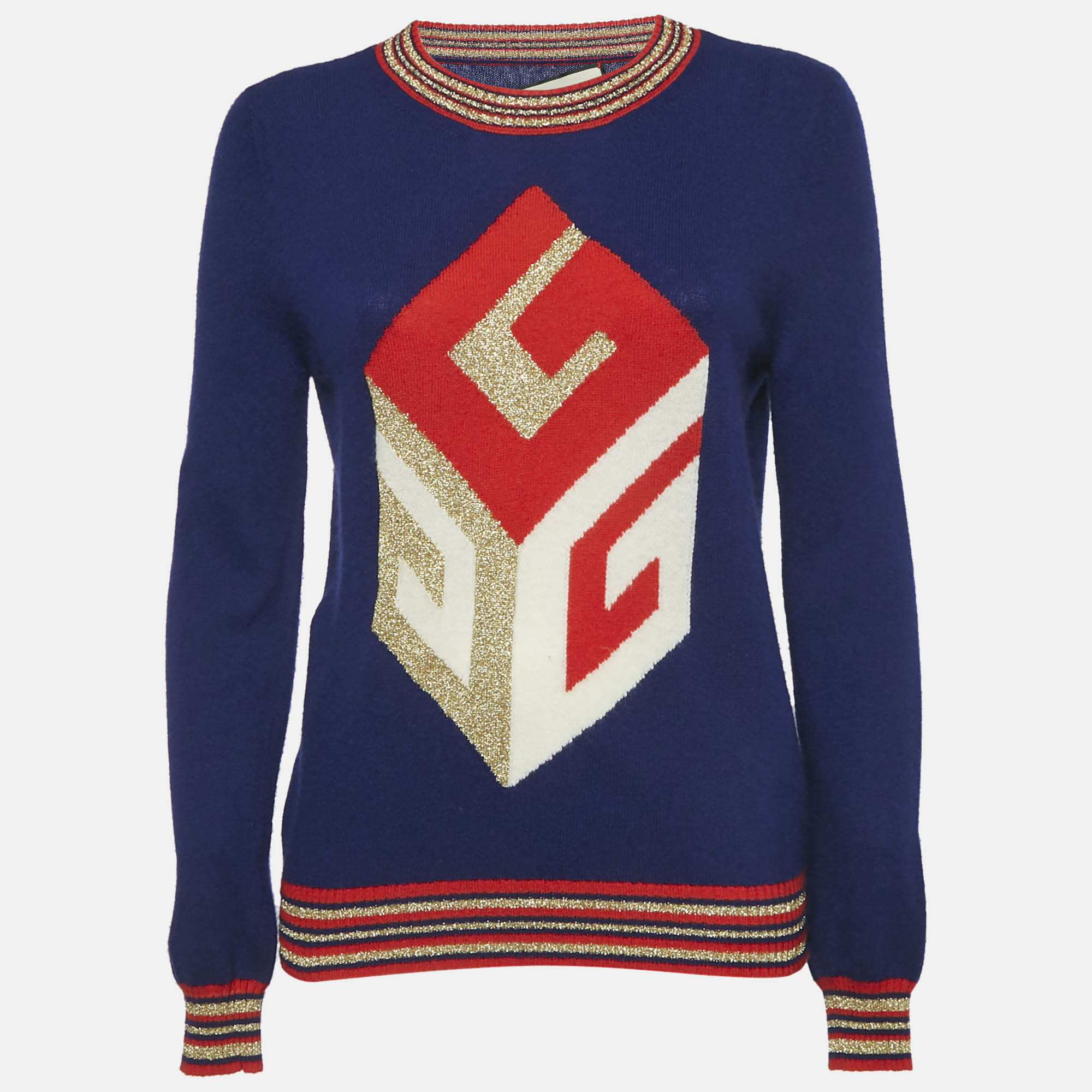 Gucci Navy Blue Intarsia Cube Lurex Wool Blend Knit Long Sleeve Sweater
Gucci Navy Blue Intarsia Cube Lurex Wool Blend Knit Long Sleeve Sweater