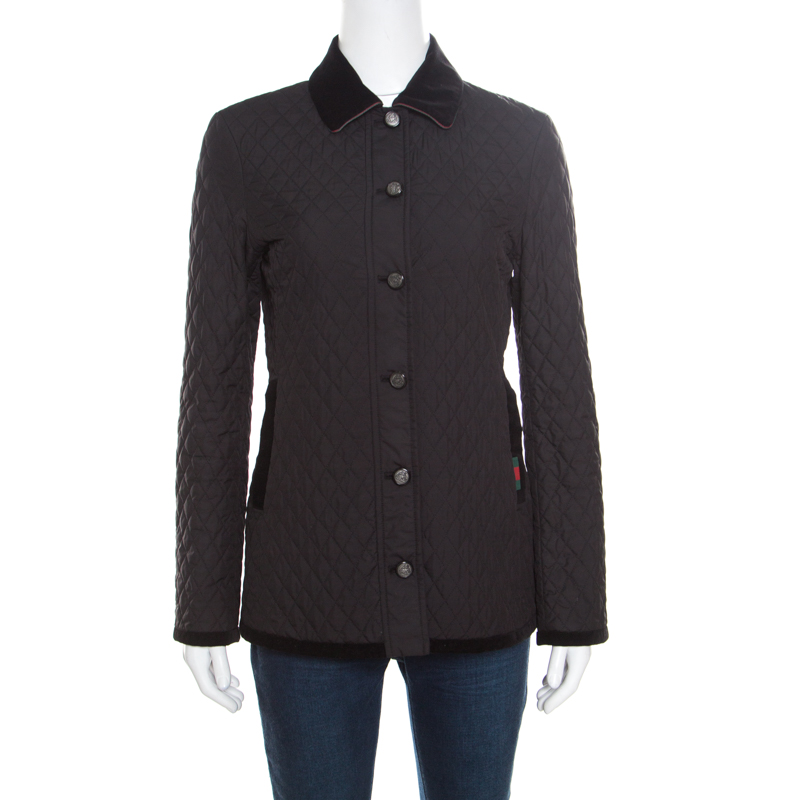 Image of Gucci Equestrian Black Velvet Trim Detail Quilted Jacket S