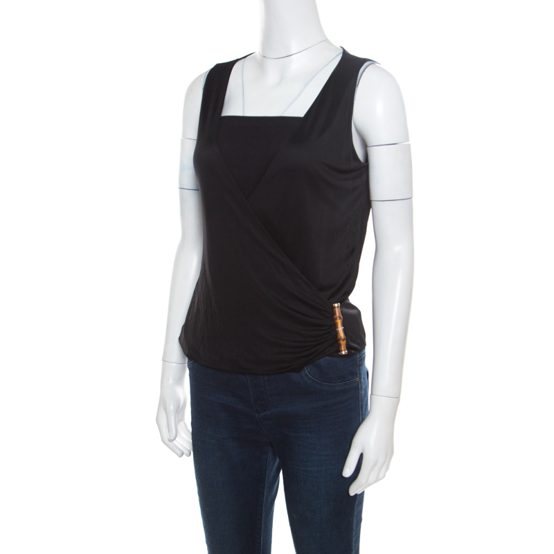Gucci Black Draped Jersey Bamboo Buckle Detail Sleeveless Top S