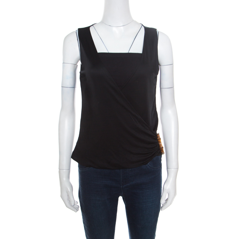 Gucci Black Draped Jersey Bamboo Buckle Detail Sleeveless Top S