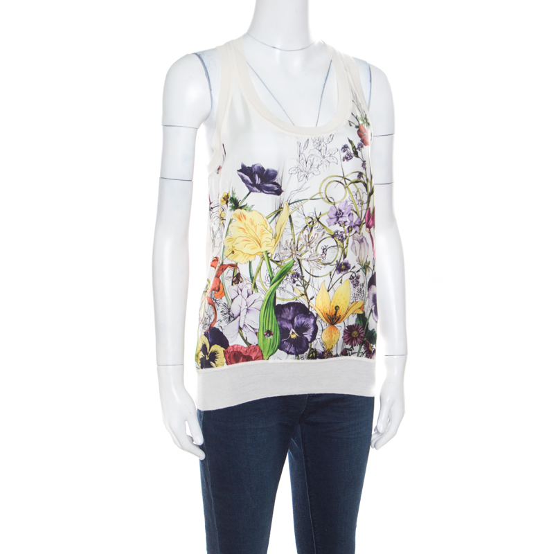 Gucci Off White Floral Printed Silk Paneled Knit Sleeveless Top M