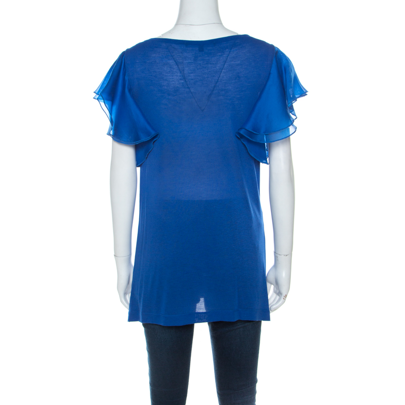 Gucci Blue Jersey And Silk Ruffled Sleeve Top S