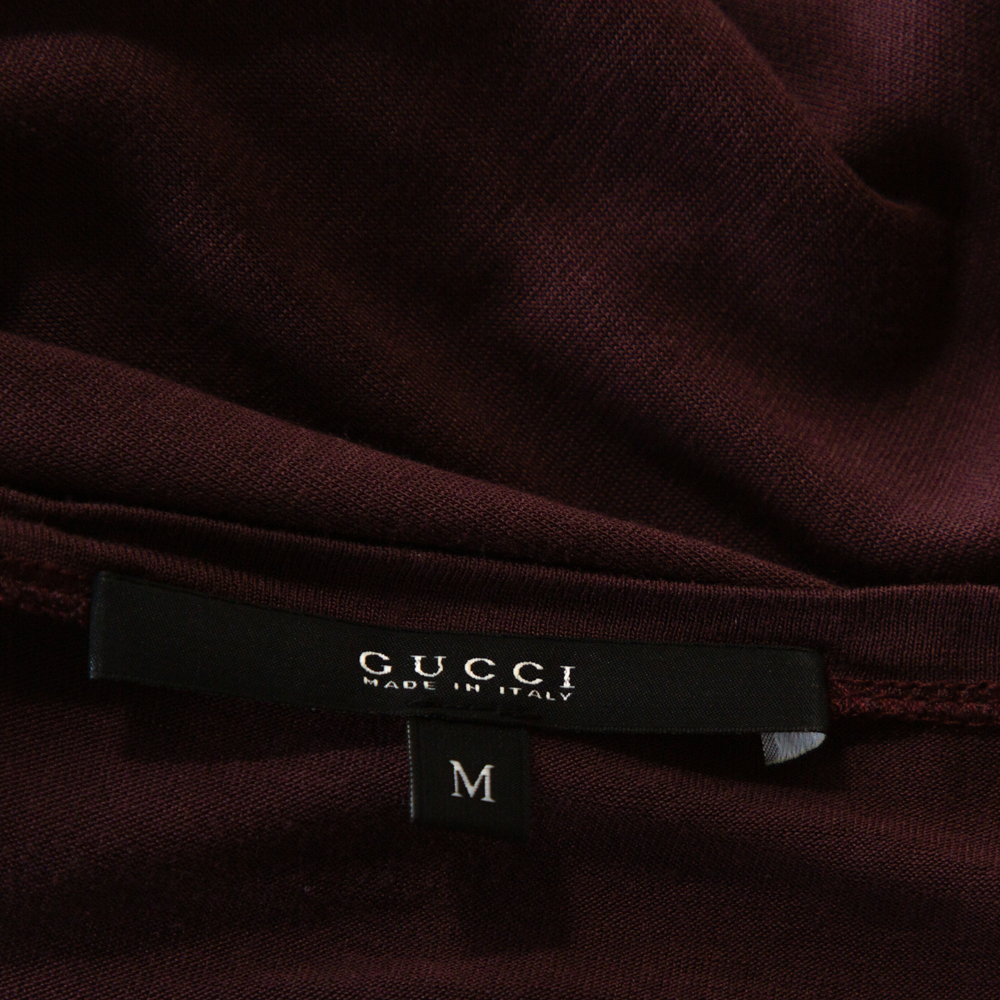 Gucci Burgundy Knit Embellished Brooch Detail Top M