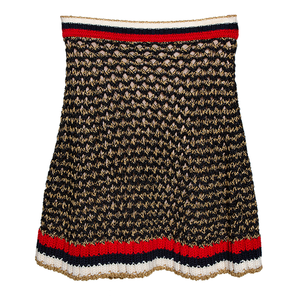 Image of Gucci Black Lurex Open Knit Web Detail A-Line Skirt XS