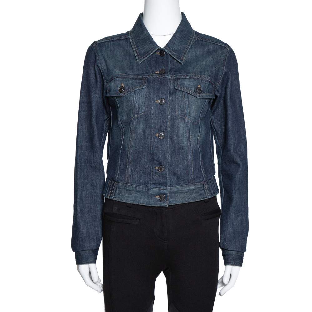 Image of Gucci Dark Blue Denim Elasticized Waist Cropped Jacket S