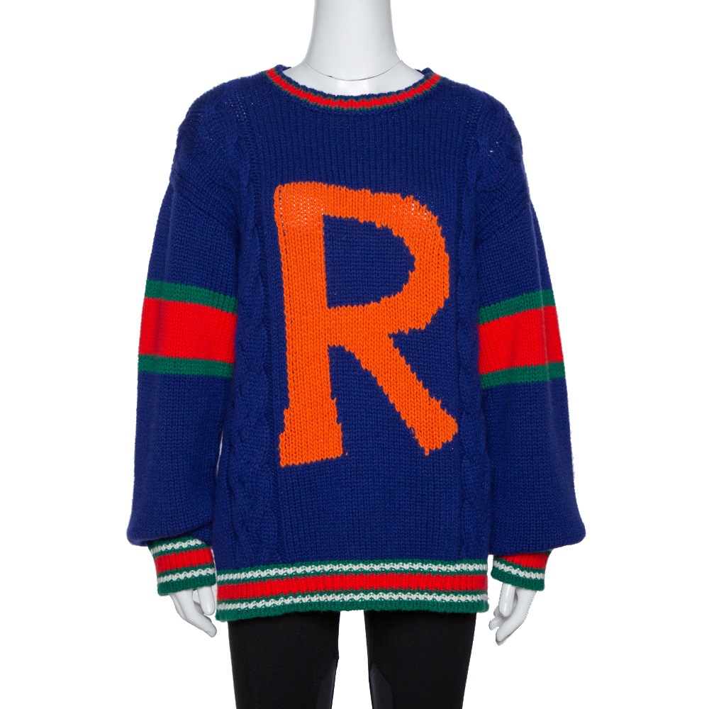 Gucci Blue Wool Cable Knit Letter 'R' DIY Unisex Sweater M