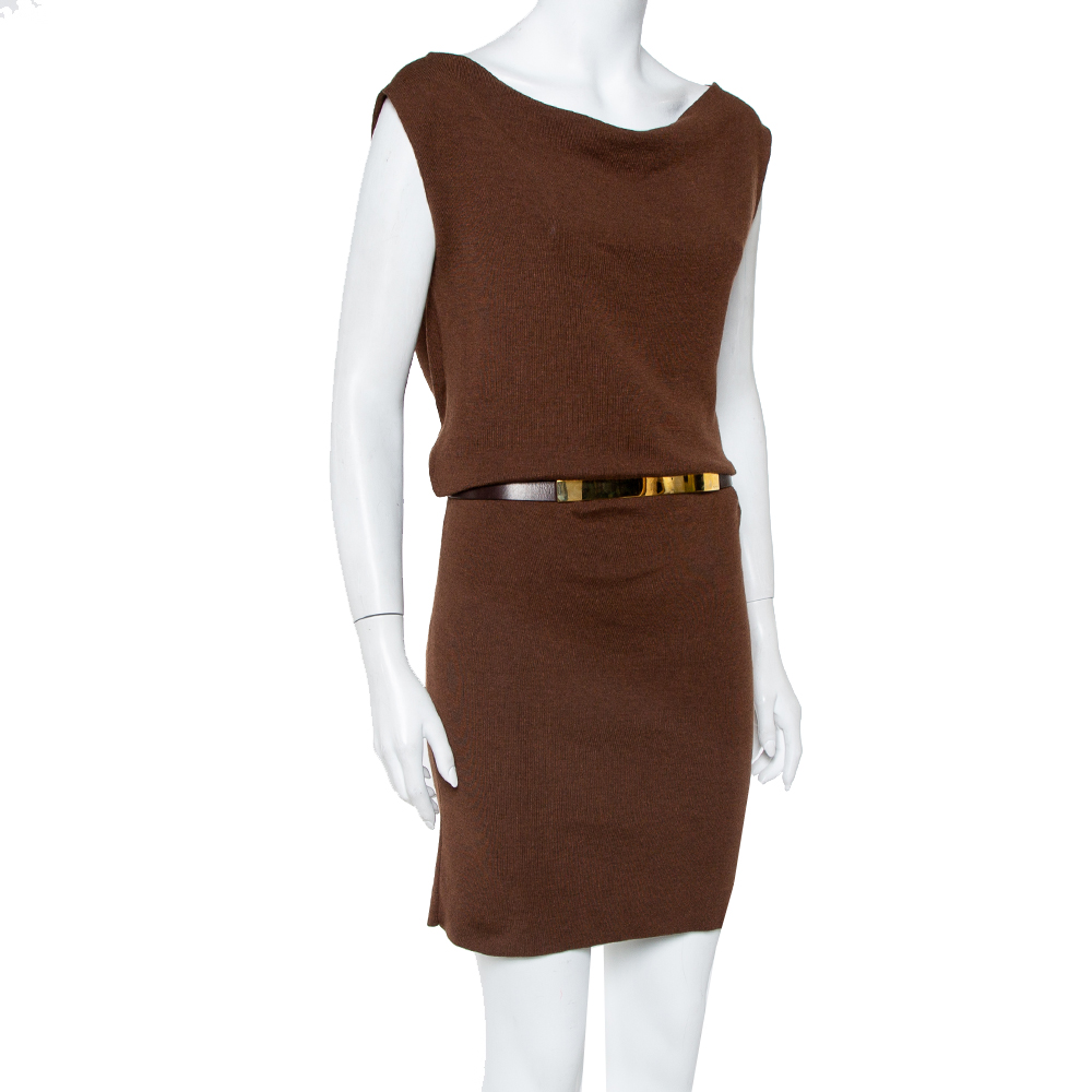 

Gucci Brown Cashmere & Silk Cowl Neck Detail Belted Dress