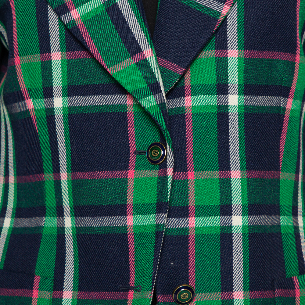 Gucci Multicolor Checkered Wool Tiger Applique Detail Button Front Blazer M