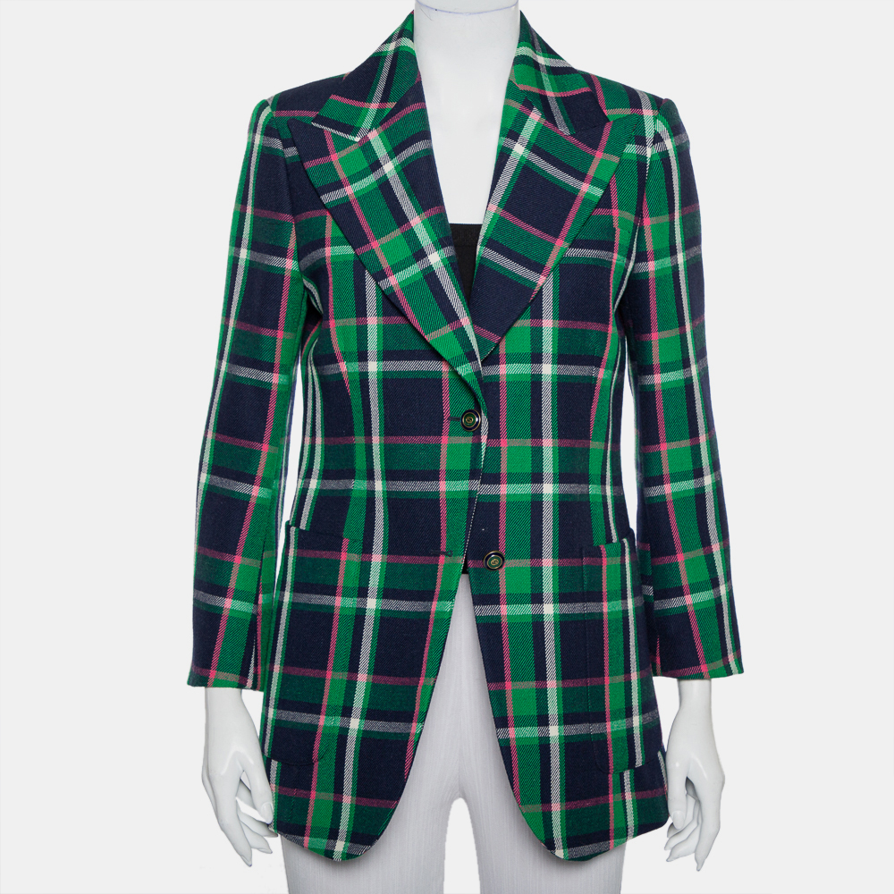 Gucci multicolor checkered wool tiger applique detail button front blazer m