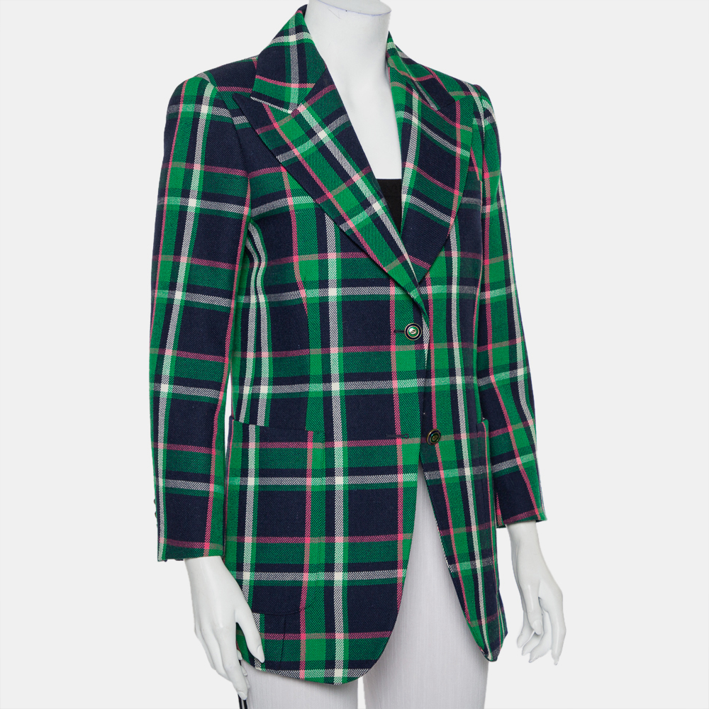 Gucci Multicolor Checkered Wool Tiger Applique Detail Button Front Blazer M