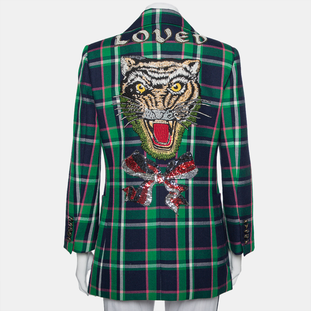 Gucci Multicolor Checkered Wool Tiger Applique Detail Button Front Blazer M