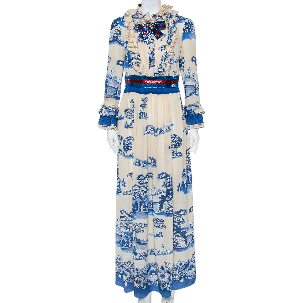Gucci Cream & Navy Blue Porcelain Garden Printed Silk Ruffled Maxi Dress XXL