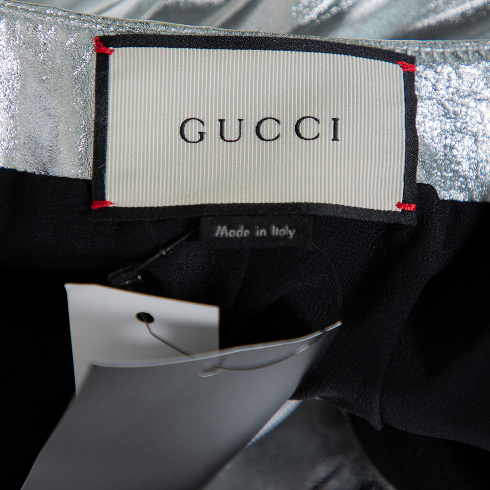 Gucci Metallic Silver Leather Pleated Midi Skirt S