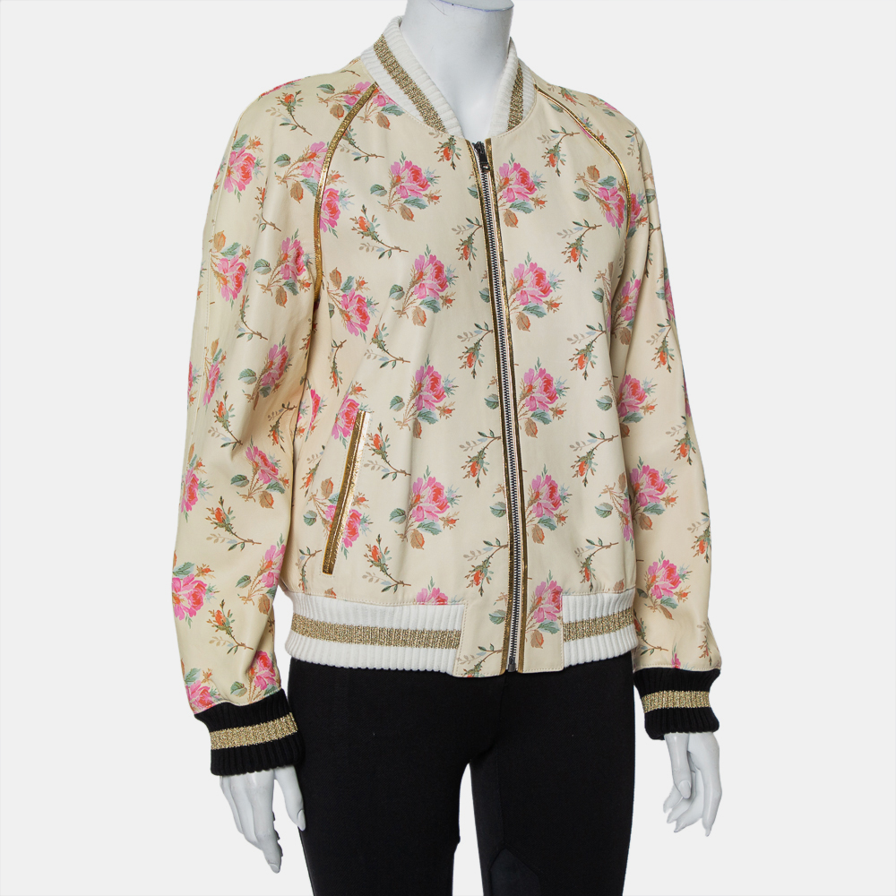 Gucci Cream Floral Printed Leather Contrast Trim Detail Bomber Jacket L