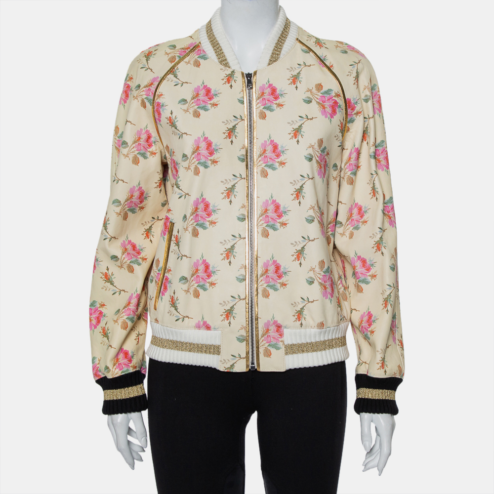 Gucci cream floral printed leather contrast trim detail bomber jacket l