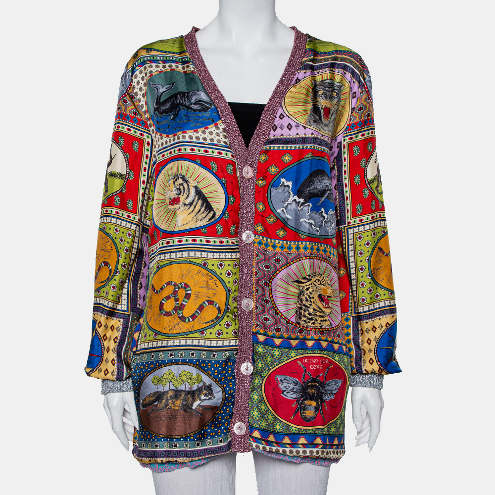 Gucci Multicolor Lurex Knit & Silk Reversible Button Front Cardigan L