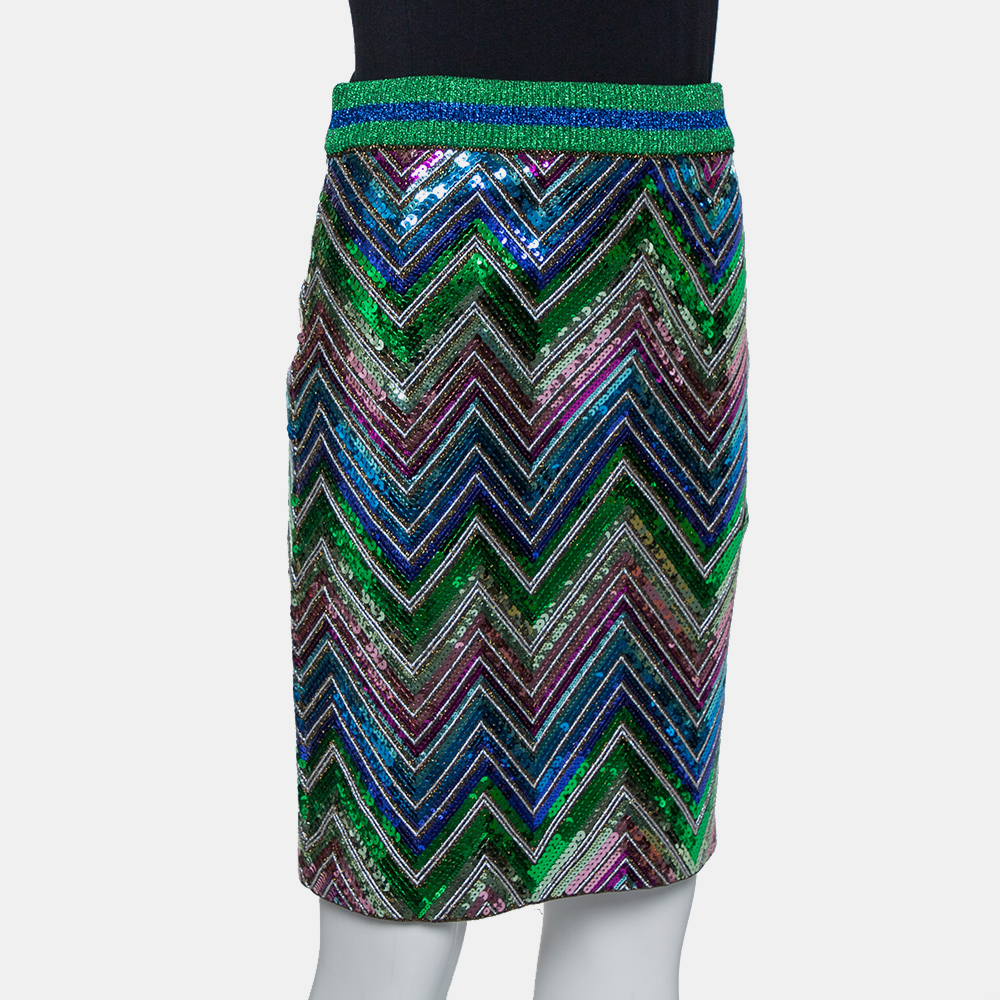 Gucci Multicolor Lurex Knit Chevron Pattern Sequin Embellished Skirt L