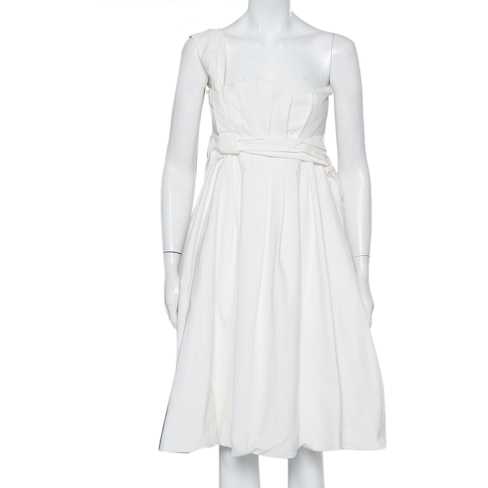 Gucci White Cotton One Shoulder Draped Detail Midi Dress S