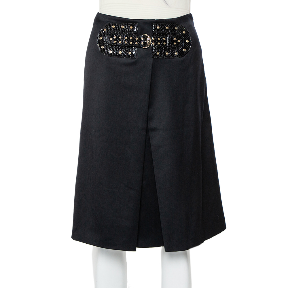 Gucci Black Wool Pleated Detail Belted Skirt S