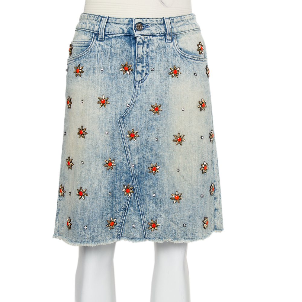 Gucci Blue Denim Crystal Embellished Mini Skirt S