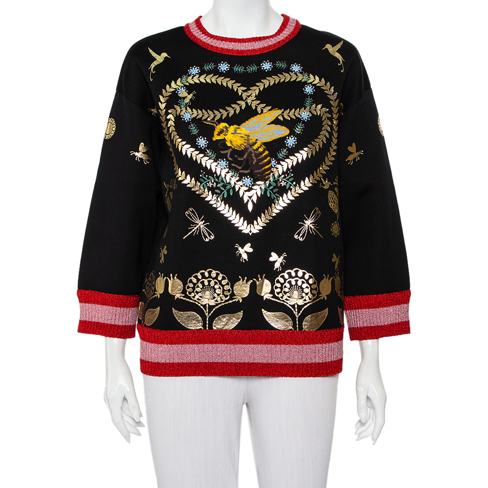 Gucci Black Jersey Laminated Heart & Applique Bee Contrast Trim Detail Sweatshirt M