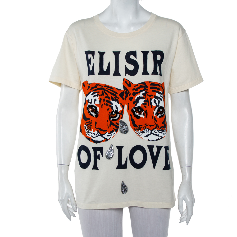 Gucci Cream Tiger Printed Cotton Embellished Detail Oversized T-Shirt S