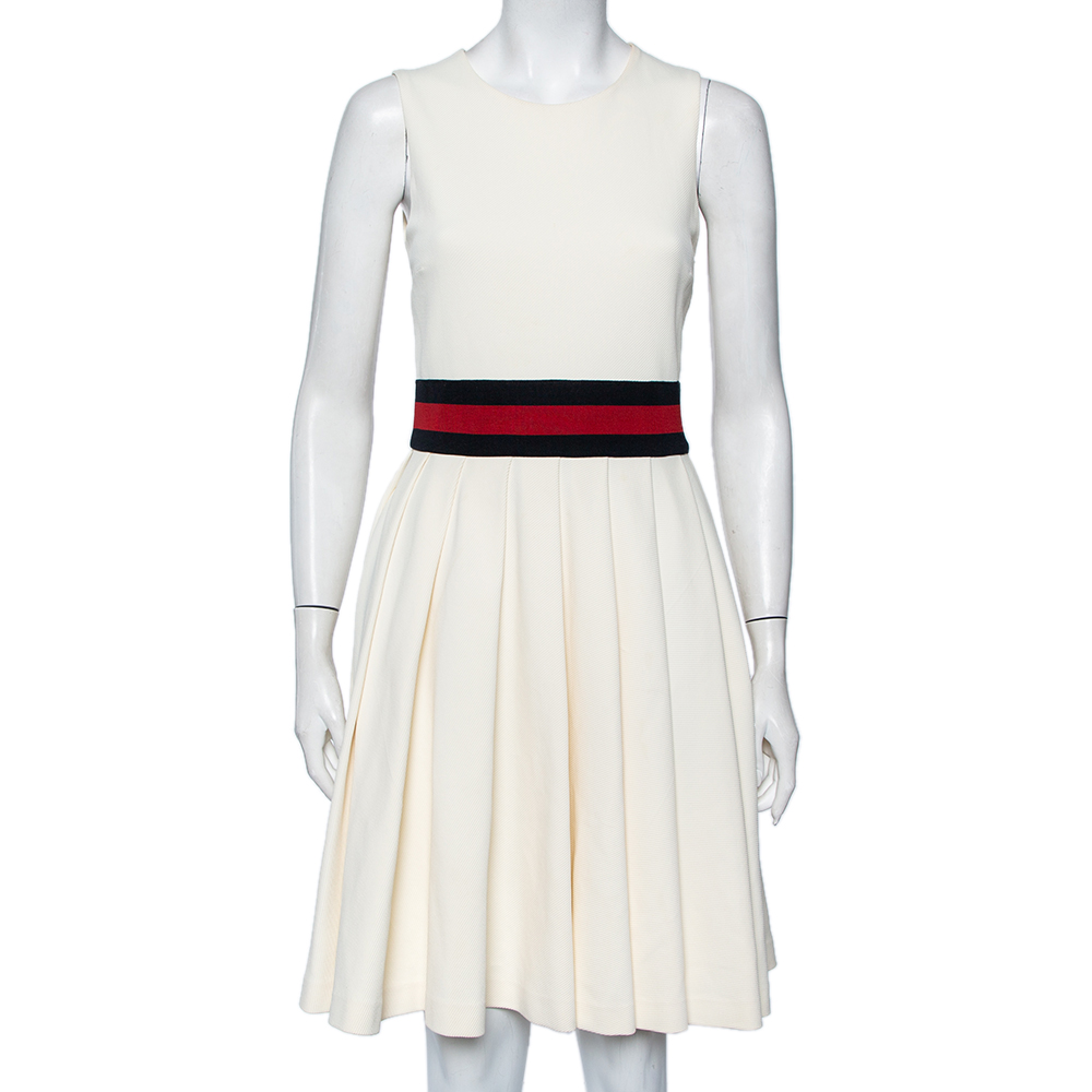 Gucci Off-White Gabardine Waist Trim Pleated Dress S