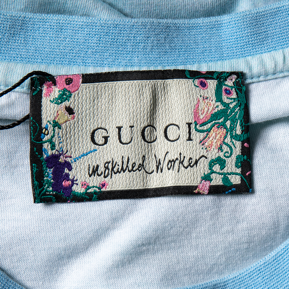 Gucci Unskilled Worker Blue Printed Cotton Short Sleeve T-Shirt S