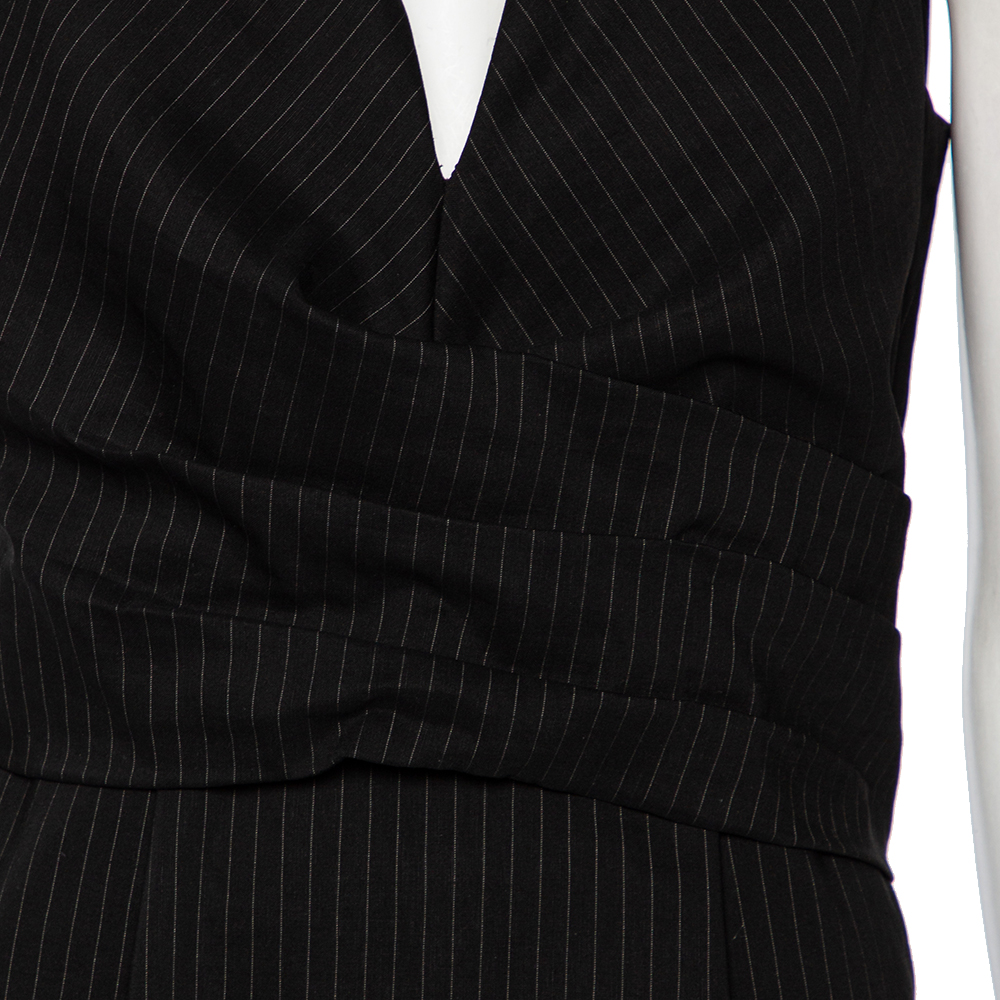 Gucci Black Striped Wool & Linen V-Neck Belted Dress M