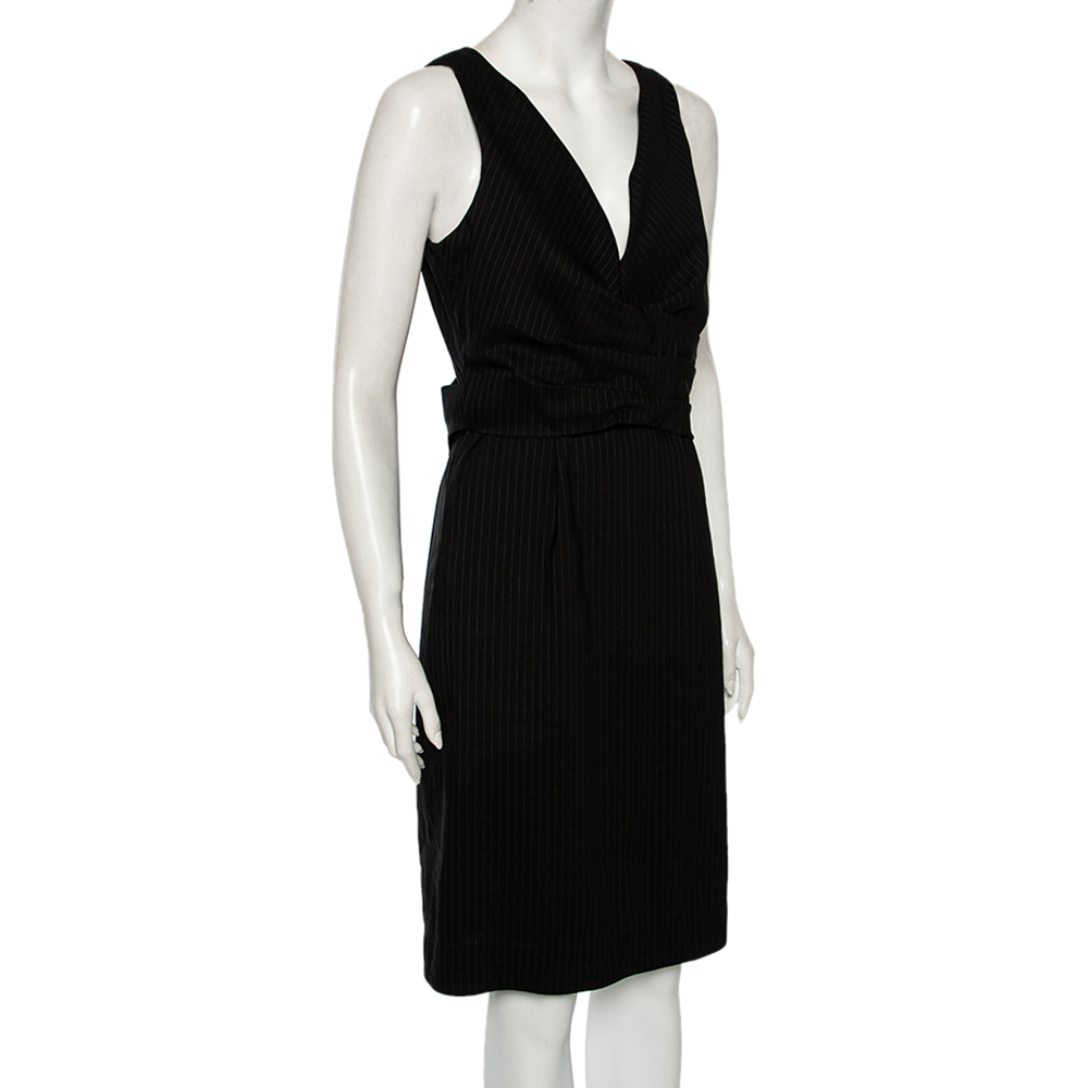 Gucci Black Striped Wool & Linen V-Neck Belted Dress M